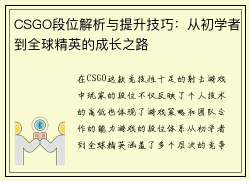 CSGO段位解析与提升技巧：从初学者到全球精英的成长之路