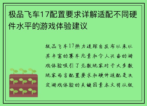 极品飞车17配置要求详解适配不同硬件水平的游戏体验建议