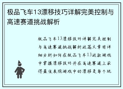 极品飞车13漂移技巧详解完美控制与高速赛道挑战解析