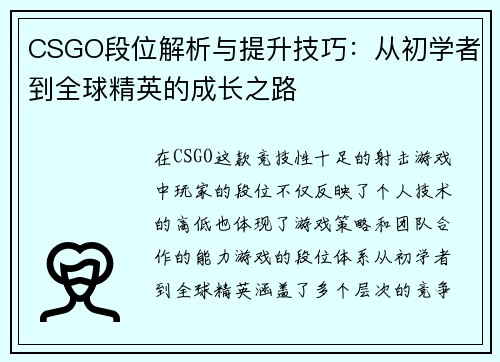 CSGO段位解析与提升技巧：从初学者到全球精英的成长之路